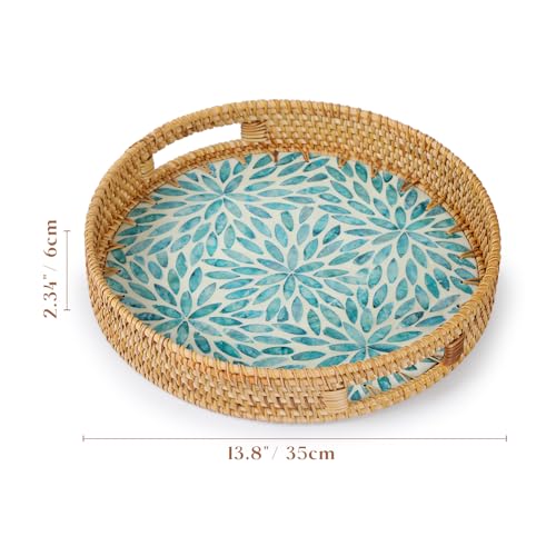 YANGQIHOME Round Rattan Tray with Handle, Mother of Pearl Inlay Decorative Wicker Basket for Coffee, Bread, Fruits, Serving Tray for Home Decor, Blue Flower - color: Blue Flower, size: 13.8"