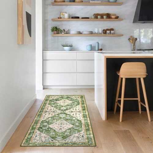 Lahome Felice Boho Runner Rugs 2x5 Green Kitchen Runner Rugs Non Skid Washable, Tribal Vintage Soft Machine Washable Non-Shedding Indoor Runners for Bedroom Hallway Bathroom Decor - color: Green, size: 2' x 5' (Runner)