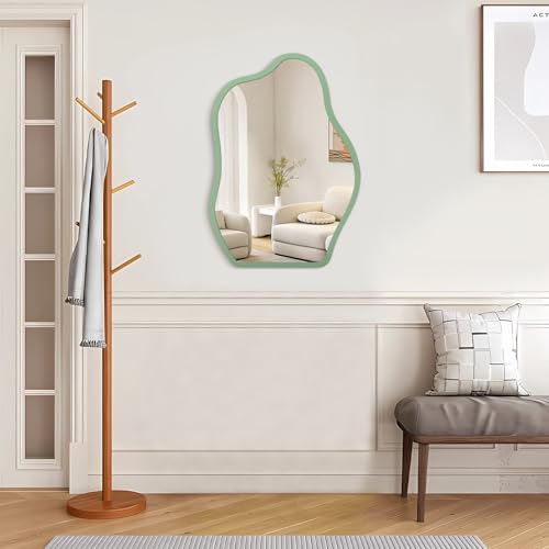 Asymmetrical Large Mirror Irregular Modern Mirror for Wall Decor Wooden Framed Hanging Wall Mirror Unique Shape Vanity Cloud Mirrors Decorative for Bedroom Bathroom Living Room Entryway - color: Olive, size: 26"L x 18"W