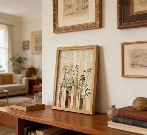 Framed Book Wildflower Wall Art, Vintage Dictionary Floral Canvas Print Poster, Boho Library Wall Decor for Living Room Bedroom, Rustic Home Decoration, - color: Newspaper flowers, size: 24"L x 16"W