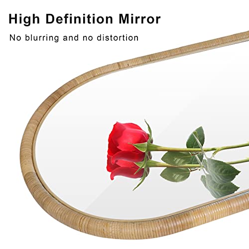 Arched Full Length Mirror, 63''x20'' Floor Mirror, Rattan Frame Full Body Mirror for Home Bedroom Checkroom Livingroom Boho Decor (Natural Rattan)