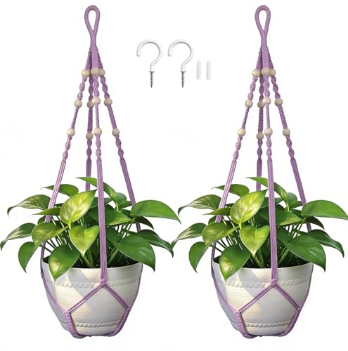 Macrame Plant Hanger, Up to 4-15 inch Pots, Wood Beads Cotton Hanging Planter Holder for Indoor Outdoor Boho Home Decor, 35 Inch, Set of 2 (Purple) - color: Purple