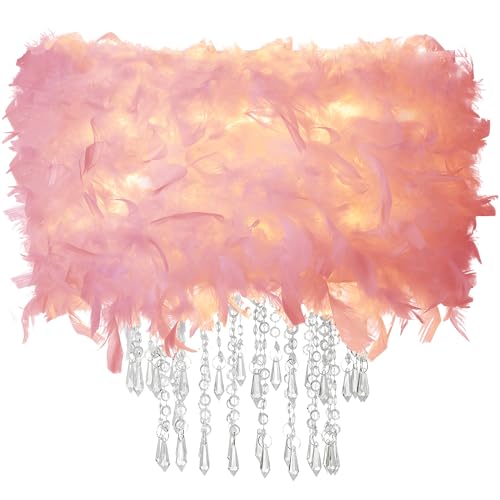 Feather Lamp Shade with Acrylic Beads Droplets, Soft Lampshade for Pendant, Table, Floor & Wall Lighting, Bedroom Wedding Decor, ID 11.8inch, OD 15.7inch, Pink - color: Pink, size: 15.7 inches