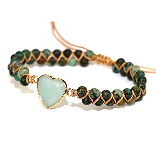Women Boho Wrap Bracelet,Handmade Natural Stone Crystal Emperor Beads Heart Bracelet, Fashion Bohemian Jewelry Gift for Women - color: African Turquoise 2#