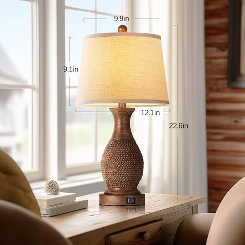 PARTPHONER Table Lamps Set of 2, Bedside Touch Lamp with USB C+A Charging Ports, Side Table Lamp with Linen Fabric Shade (LED Bulbs Included), Wood - size: Wood 22.6" Touch Lamp