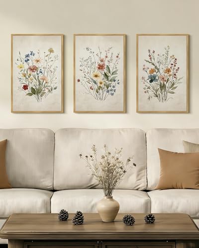 Drsoum Vintage Flower Bouquet Framed Retro Wildflower Botanical Pictures Prints Modern Colorful Floral Rustic Artwork Bedroom Living Room Ready to Hang 16x24in Natural Framed - color: Green Plants Prints, size: 24L" x 16W", Natural Framed