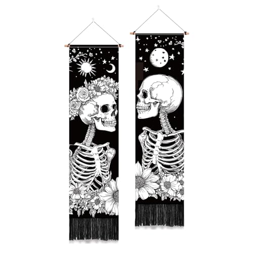 PLIGREAT 2 Pack Skull Long Tapestry Aesthetic Black and White Skeleton Wall Hanging with Tassels Sun Moon Tapestry for Bedroom Bathroom Living Room Long Narrow Wall Hanging Home Art Decor - color: Black and White