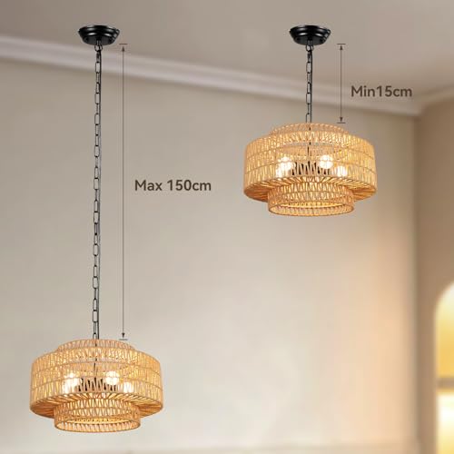 24" Large Rattan Chandelier, 6-Light Boho Dining Room Light Fixture Over Table, Natural Handwoven Wicker Pendant Lamp for Living Room, Coastal Farmhouse Hanging Ceiling Light - color: Beige-W60cm