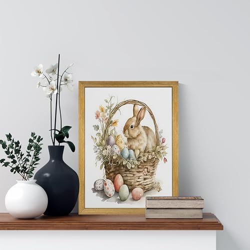 Easter Bunny Wall Art, Vintage Easter Bunny Eggs Poster Print Wall Decor, Holiday Home Canvas Decor Painting 12x16 Inch Wood Framed - color: Easter Bunny B, size: 16"L x 12"W