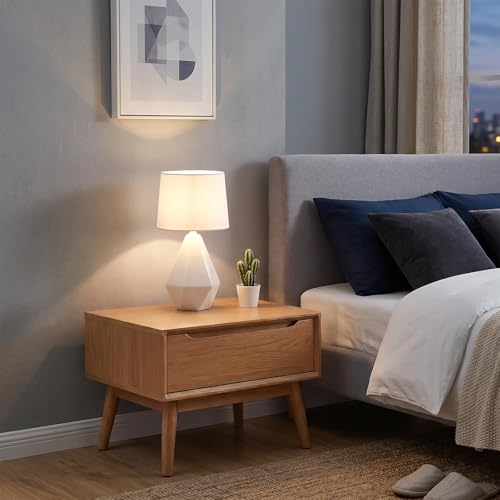 SOTTAE Modern Small Ceramic Table Lamp, White Irregular Geometric Bedside Table lamp for Bedroom,Nightstand Lamps with White Fabric Shade, Small Lamp for Kitchen Living Room