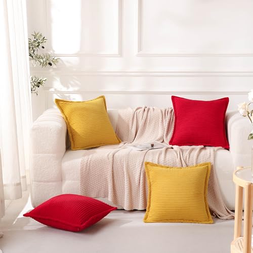 Corduroy Yellow Throw Pillow Covers Set of 2 Striped Boho Decorative with Edge Design,Super Soft Throw Pillow Cushion Covers for Couch Sofa Living Room Solid Square 18×18inch/45cm×45cm - color: Yellow, size: 18" x 18" (Pack of 2)