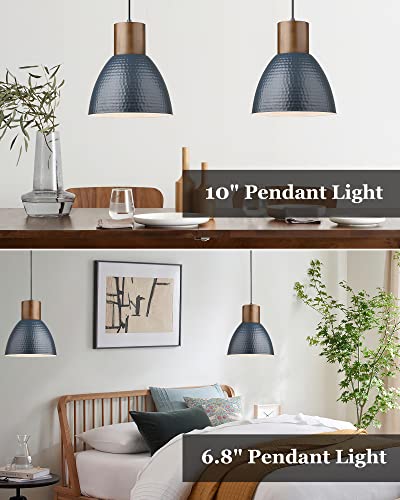 ELYONA 2 Pack Modern Hammered Pendant Lights 10.2” Blue Solid Wood Hanging Lamp, Adjustable Height, Industrial Metal Pendant Lighting for for Farmhouse, Kitchen Island, Dining Room,Bedroom,Bar,Office - color: Blue - 2 Pack