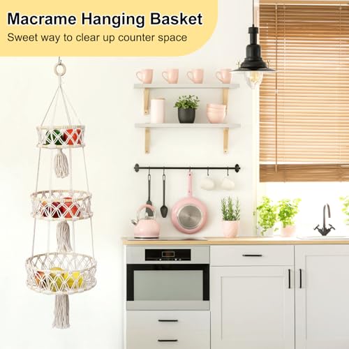 3 Tier Hanging Basket, Macrame Hanging Basket for Fruit and Vegetable Storage, Cotton Rope Woven Baskets for Kitchen, Decorative Boho Decor Hanging Plant Holder - color: White