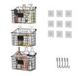 Wall Mounted Bin Basket with 5 Hooks 3 Label Plate Adhesive-3 Pack, Cabinet Hanging Metal Wire Basket,Rustic Farmhouse Decor, Storage Organization Shelf for Pantry Kitchen Bathroom 10.6*7.5*5.1inch - size: 3 Pack