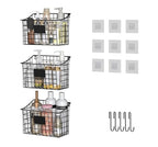 Wall Mounted Bin Basket with 5 Hooks 3 Label Plate Adhesive-3 Pack, Cabinet Hanging Metal Wire Basket,Rustic Farmhouse Decor, Storage Organization Shelf for Pantry Kitchen Bathroom 10.6*7.5*5.1inch - size: 3 Pack