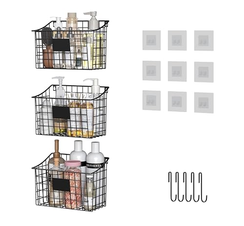 Wall Mounted Bin Basket with 5 Hooks 3 Label Plate Adhesive-3 Pack, Cabinet Hanging Metal Wire Basket,Rustic Farmhouse Decor, Storage Organization Shelf for Pantry Kitchen Bathroom 10.6*7.5*5.1inch - size: 3 Pack