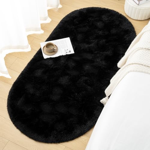 Goideal Fluffy Bedroom Rug, Small Oval Area Rugs, Black Shag Bedside Carpet for Kids Room Nursery Dorm Cute Fuzzy Indoor Decor for Boy and Girl, 2.6 x 5.3 Feet - color: Black