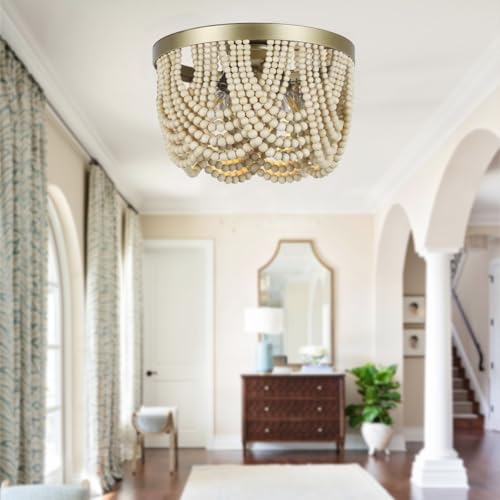 Bohemia Wood Beaded Chandelier, 3-Light Boho Light Fixture, 12.6inch Boho Chandelier Flush Mount Ceiling Light Fixtures for Dining Room, Bedroom, Living Room, Nursery, Girl Room, Hallway and Entryway - color: Natural-12.6INCH