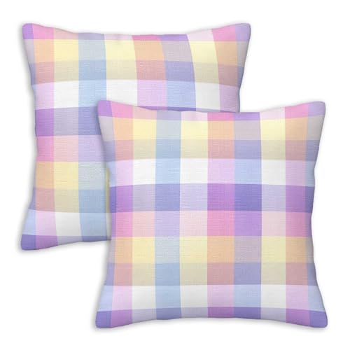 Pastel Gingham Throw Pillow Covers 18x18 Inch, Set of 2 | Soft Rainbow Plaid Square Cushion Cases for Sofa Couch Girls Room | Spring Aesthetic Home Decor, Decorative Pillowcases - color: Pastel Gingham