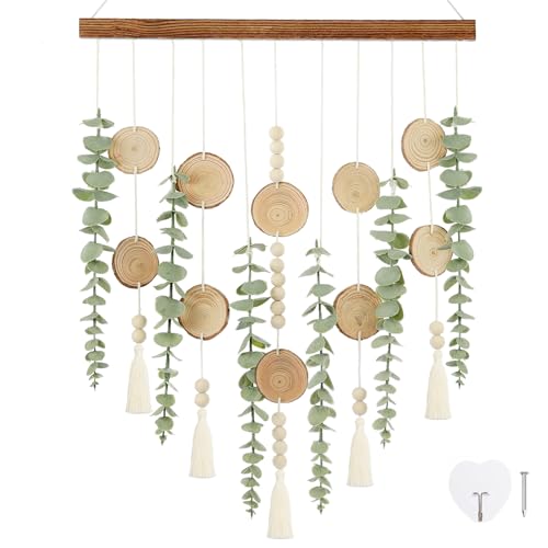 Boho Wall Decor Artificial Eucalyptus Wall Hanging Decor Fake Eucalyptus Plants hunging on Carbonized Wooden Stick for Bathroom Bedroom Nursery Living Kitchen Dining Room - color: Advanced Carbonized Wood-forest Series