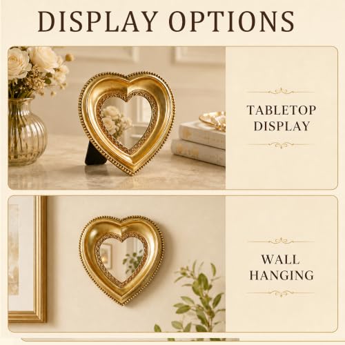 Golden Mini Vintage Mirror with Exquisite Relief Elegant Wall Decor for Bedroom Dresser Table Compact Resin Retro Design (Heart, 4.3X4.3) - color: Heart