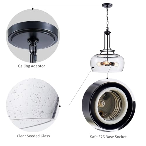 WUZUPS Chandelier Rustic Farmhouse Industrial Round Ceiling Pendant LED Light Fixture Clear Seeded Glass Shade for Dining Room Kitchen Island Foyer Entryway, H 20.9" x W 15.9", Black - color: Pendant Light, Black, 3-Light, size: H 20.9" * W 15.9"