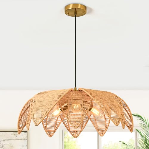 3-Light Rattan Boho Chandelier for Dining Room,24" Hand Woven Wicker Coastal Hanging Pendant Light for Kitchen Island Bedroom Living Room - size: 23.6″Flower