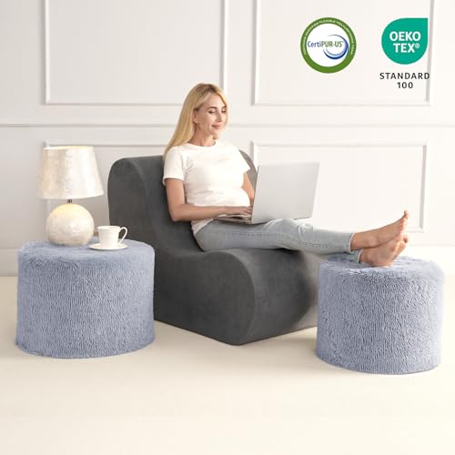 Hansleep Round Stuffed Pouf Ottoman 17 x 14, Foam Filled Faux Fur Ottoman Foot Rest for Chair with Washable Cover, Foot Stools Under Desk for Living Room & Bedroom, Grey - color: Grey, size: 17"D x 17"W x 14"H