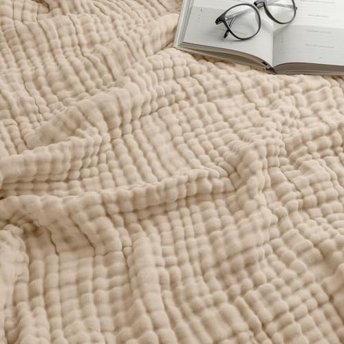 Comfy Cubs Muslin Throw Blanket - 50” x 60” Quilted Design - Lightweight, Breathable 6-Layer Gauze Fabric - Soft Cotton Blanket for Home or Travel - Packaged in Elegant Gift Box - Sand - color: Sand, size: Throw - 50" X 60"