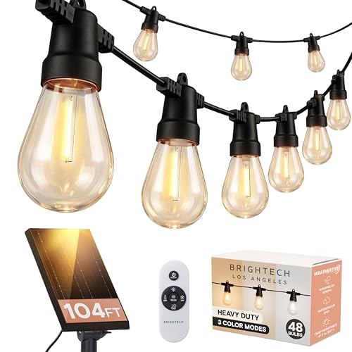 Brightech 104 (52x2) FT Ambience Pro Solar Powered Outdoor LED String Lights - Waterproof Remote Control Lights - 48 Bulbs, 7W Solar Powered Color Changing White Light for Camping, Patio, Garden - color: Super Bright +, size: 104 Feet