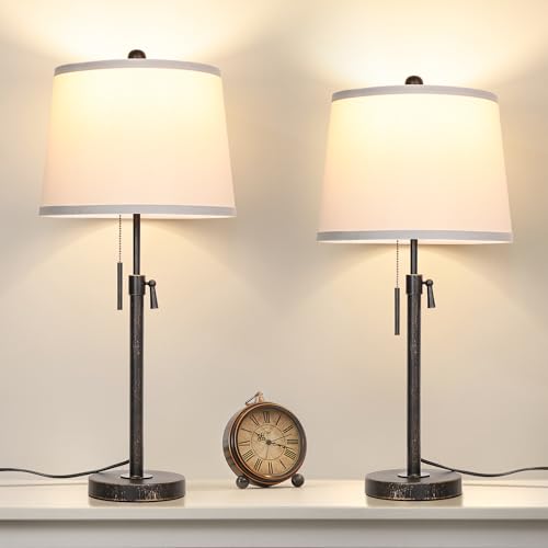 Adjustable Height Table Lamps Set of 2 22-30in Retro Black Brush Gold Modern Nightstand with White Shade 3 Color Temperature Pull Chain Bedside Lamps for Living Room Bedroom Hallway(Bulbs Included) - color: Black Gold+White Shade Set of 2