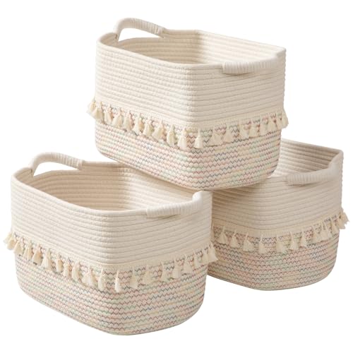 TeoKJ Woven Baskets for Storage, Set of 3 Cotton Rope Basket with Handle for Decor and Storage, Cute Baskets for Organizing in Classroom, Kitchen, Bathroom, White & Stitches Rainbow - color: Stitches Rainbow, size: 3 Pack