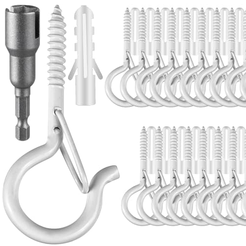 FSAH 24 PCS Q-Hanger Hooks, Screw Hooks for Outdoor String Lights, Safety Buckle Design Cup Eye Hook for Hanging Christmas Lights, Plants, Mounted on Wall Ceiling, Include 1 Wing Nut Driver, White - color: White, size: 24 Pcs