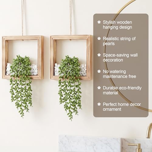 2 Pack Fake Plants Hanging, Artificial Succulents Plants in Square Wooden Frame with Glow Accents, Boho Wall Decor for Office Living Room Bathroom Bedroom Kitchen Indoor Outdoor, Burnt Wood - color: Burnt Wood