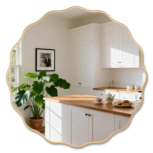 26" Wavy Mirror Scalloped Farmhous Modern Wood Farme Mirror Wall Decor for Bathroom Entryway Living Room Bedroom Hallway - color: Gold, size: 26"L x 26"W