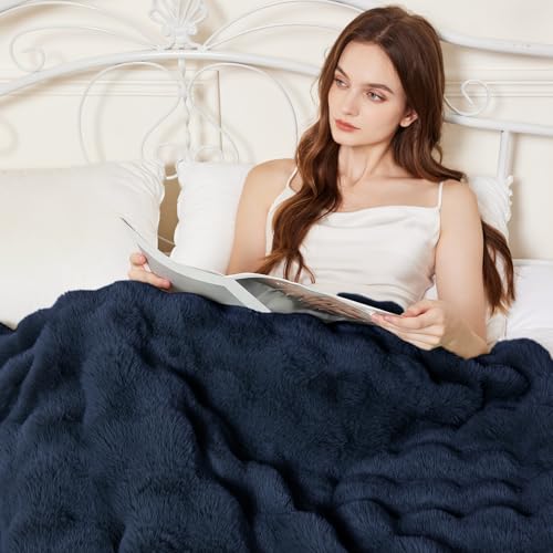 Faux Rabbit Fur Throw Blanket for Couch, Fluffy Warm Plush Thick Bubble Blanket for Bed Sofa Living Room, Soft Cozy Furry Blanket, 50x60 inches, Navy Blue - color: Navy Blue, size: Throw50"x60"