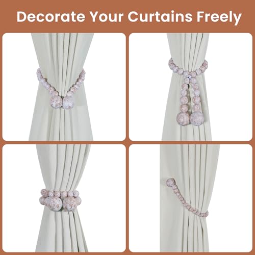 KLOGTSIND Magnetic Curtain Tiebacks, Curtain Tie Backs for Curtains 2 Pack, Wood Bead Curtain Tiebacks, Curtain Holders for Boho Bedroom Decor, Baby Nursery Decor, Farmhouse Decor - color: Whitewashed