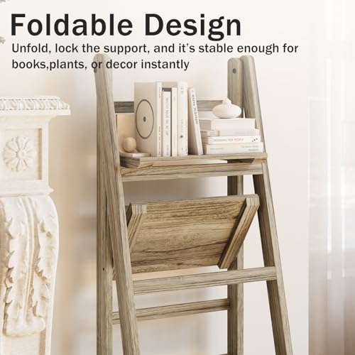 Ladder Shelves - Folding Wooden Ladder Bookshelf, 4-Tier Retro Plant Stand Storage Shelves for Home Living Room, Light Brown - color: Light Brown