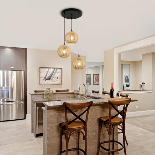 Round 3 Light Boho Pendant Light Rattan Hanging Lamp Hand Woven Wicker Small Chandelier Hanging Lights Fixture for Bedroom Kitchen Hallway Foyer - size: Round 3 Lights