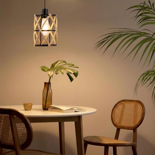ocioc Hand Woven Hemp Rope Pendant Light, 6.7" Boho Chanderlier Light Fixture, Rattan Cylinder Lamp Shade Lamp, Farmhouse Dome Pendant Lighting for Kitchen Island, Bedroom, Dining Room, Living Room - size: 6.7"