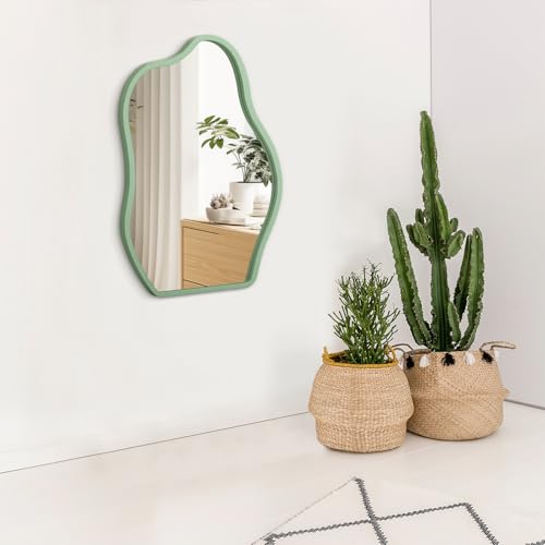 Asymmetrical Large Mirror Irregular Modern Mirror for Wall Decor Wooden Framed Hanging Wall Mirror Unique Shape Vanity Cloud Mirrors Decorative for Bedroom Bathroom Living Room Entryway - color: Olive, size: 26"L x 18"W
