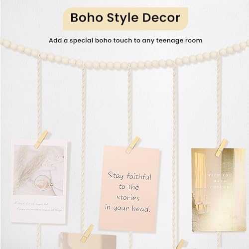 Macrame Hanging Photo Display Boho Wall Decor with String Lights Wooden Beads Garland Picture Frame Collage Holder with 30 Clips for Room, Bedroom, Dorm, Christmas Teenage Teen Girl Gifts (Beige, Medium) - size: Medium