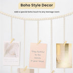 Macrame Hanging Photo Display Boho Wall Decor with String Lights Wooden Beads Garland Picture Frame Collage Holder with 45 Clips for Room, Bedroom, Dorm, Christmas Teenage Teen Girl Gifts (Beige, Large) - size: Large