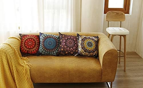 Jartinle Set of 4 Retro Floral Mandala Compass Medallion Bohemian Pillow Covers Boho Decor Hippie Throw Pillows Decorative for Sofa Couch 18 x 18