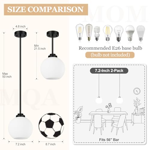 MQMQA 2 Pack Globe Pendant Lights, Mid Century Matte Black Pendant Light Fixtures, Globe Pendant Lights Kitchen Island with Milk Glass Shade Hanging Fixture for Dining Room (Bulbs not Included) - color: Matte Black + Milky White Glass 2 Pack