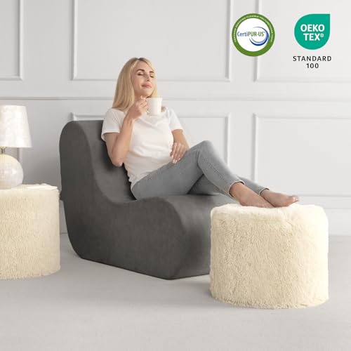 Hansleep Round Stuffed Pouf Ottoman 20 x 15, Foam Filled Faux Fur Ottoman Foot Rest for Chair with Washable Cover, Foot Stools Under Desk for Living Room & Bedroom, Beige - color: Beige, size: 20"D x 20"W x 15"H