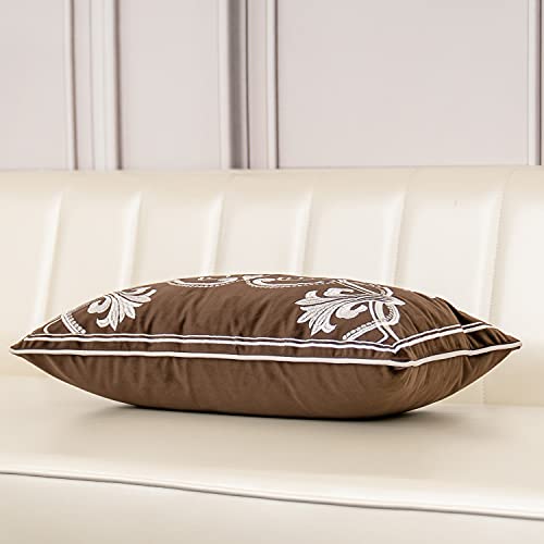 Aeckself European Floral Pillow Cover 12x20 Inch, Luxury Velvet Embroidered Decorative Lumbar Throw Pillow Cover for Couch Bedroom Living Room, Brown and White - color: Brown, size: 20" x 12" (Pack of 1)