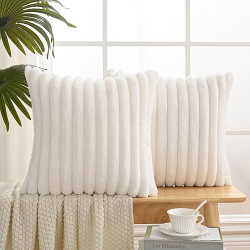 Volcanics Set of 2 Faux Fur Plush Decorative Throw Pillow Covers 20x20 Inches, Striped Cushion Cases Soft Fluffy Accent Pillowcases for Sofa, Couch and Bed, Cream White - color: Cream White, size: 20" x 20" (Pack of 2)