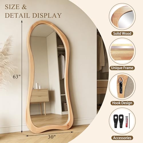 Large Irregular Solid Wood Mirror, 63"x30" Asymmetrical Aesthetic Floor Mirrors with Wooden Frame, Organic Shape Mirror for Entryway Hallway Bedroom Living Room, Leaning/Wall-Mounted - color: Natural Wood Frame, size: 63"L x 30"W