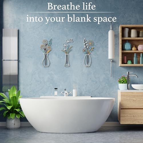 CarryWise 3 Piece Metal Flower Wall Art for Bedroom Living Room, Flower Blue gold - color: Blue Gold & Vase Flower